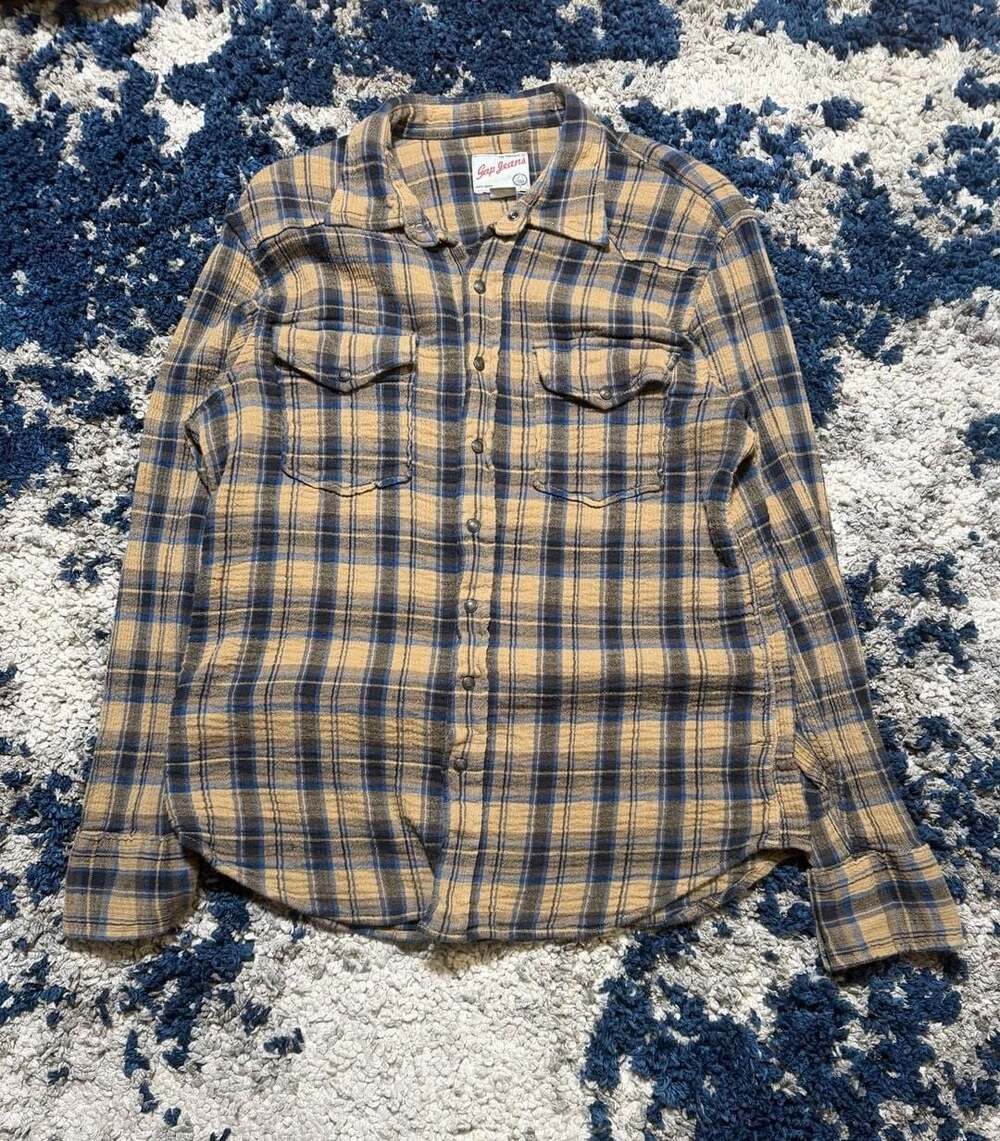 Gap Jeans Brown Blue Plaid Pearl Snap Western Flannel Shirt Mens XL